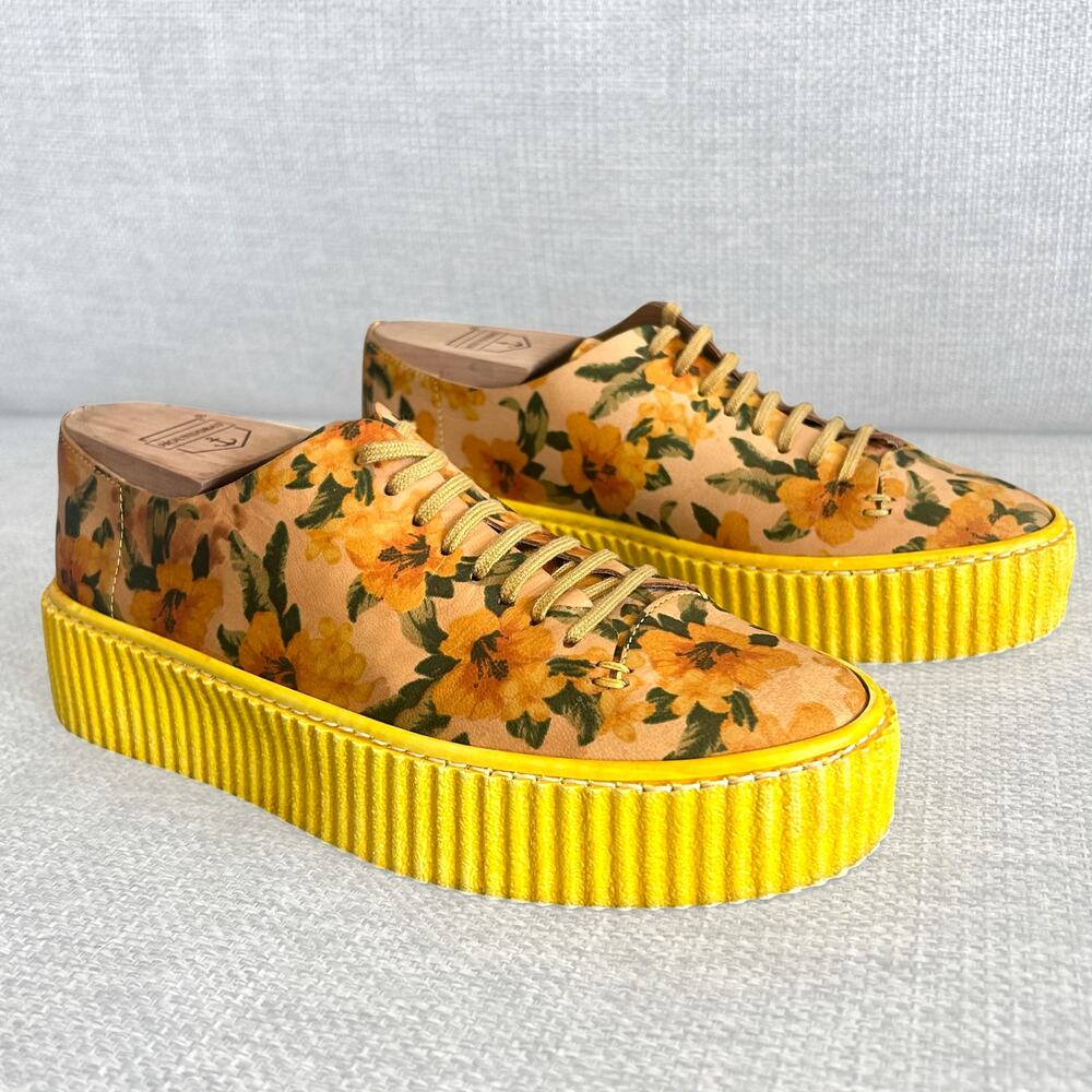 PF16 Floral Platform Creeper Sneakers Yellow Leather Lace Up Made in Italy Sz 36
